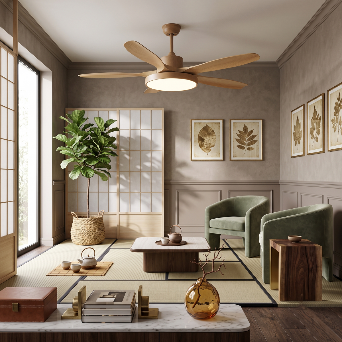 Streamline Ceiling Fan Light in oak for Living Room by AUVIELIGHT