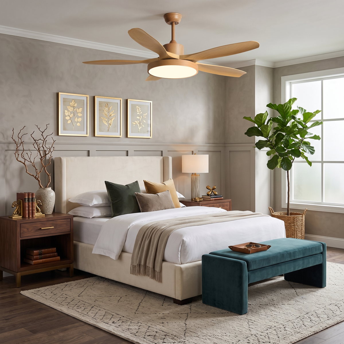 Streamline Ceiling Fan Light in oak for Living Room by AUVIELIGHT