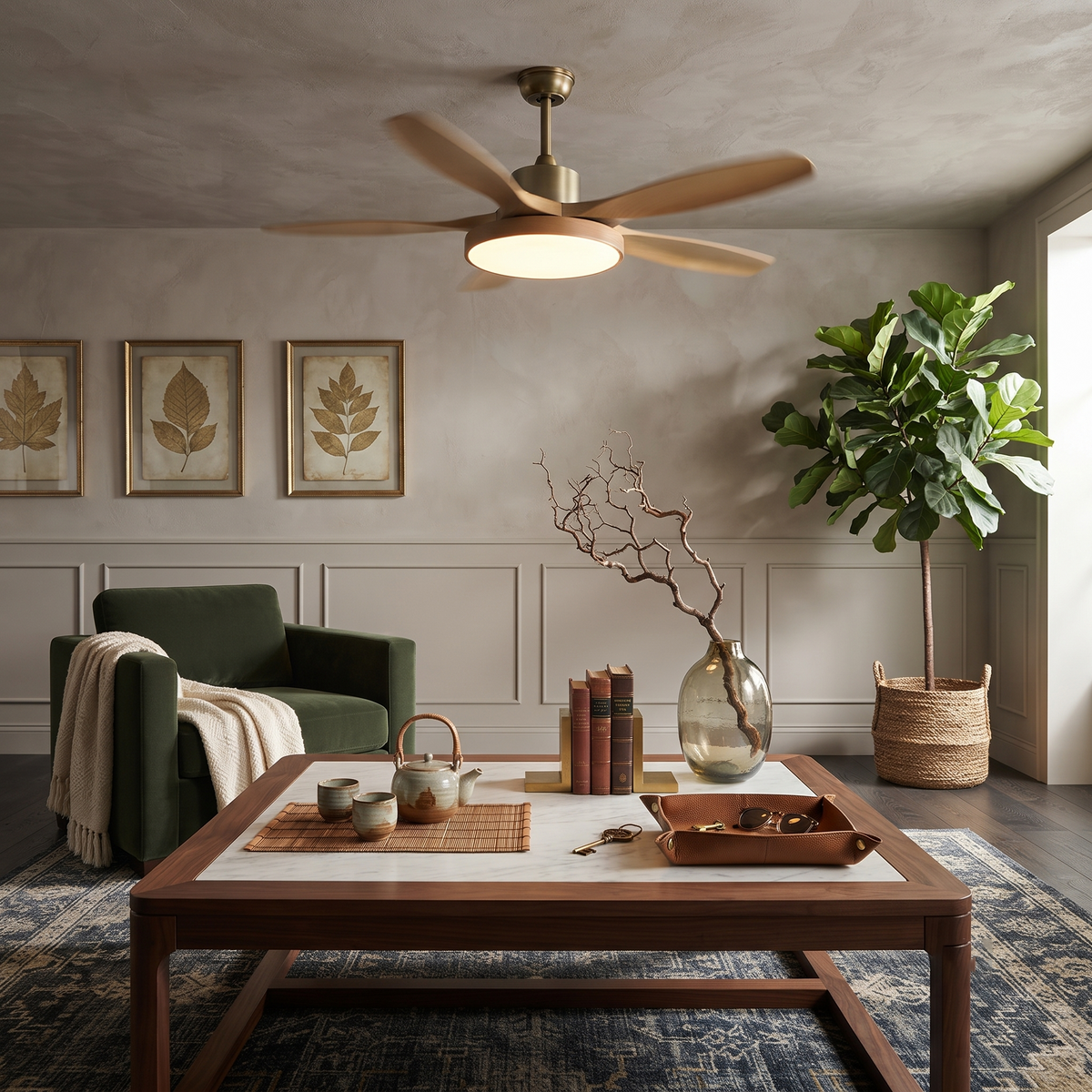 Streamline Ceiling Fan Light in oak for Living Room by AUVIELIGHT