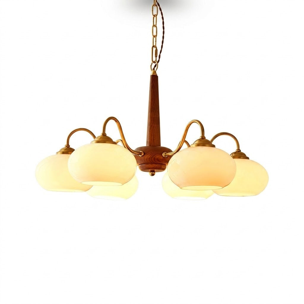 Triad Orb Chandelier in opal for Dining Room by AUVIELIGHT, 6 heads D 66cm x H 34cm / ∅ 26″ x H 13.4″ / Walnut wood / Cream glass