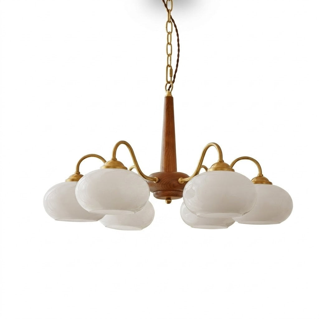 Triad Orb Chandelier in opal for Dining Room by AUVIELIGHT, 6 heads D 66cm x H 34cm / ∅ 26″ x H 13.4″ / Walnut wood / White glass