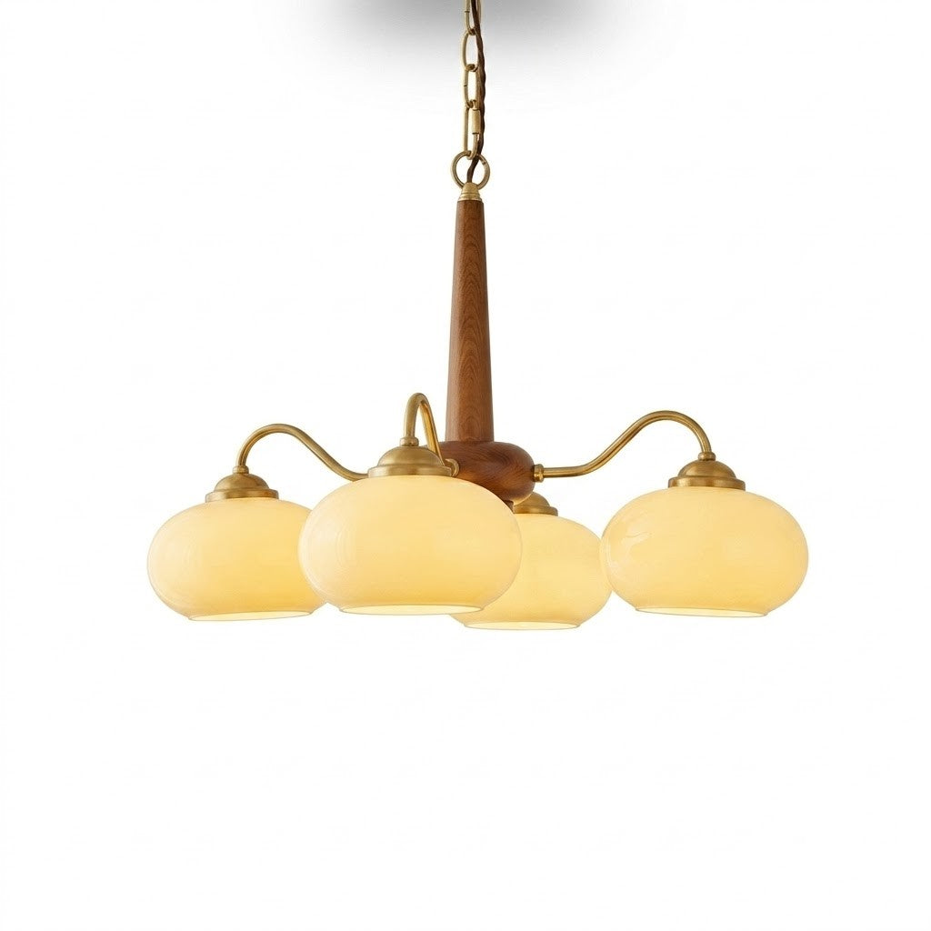 Triad Orb Chandelier in opal for Dining Room by AUVIELIGHT, 4 heads D 58cm x H 34cm / ∅ 22.8″ x H 13.4″ / Walnut wood / Cream glass