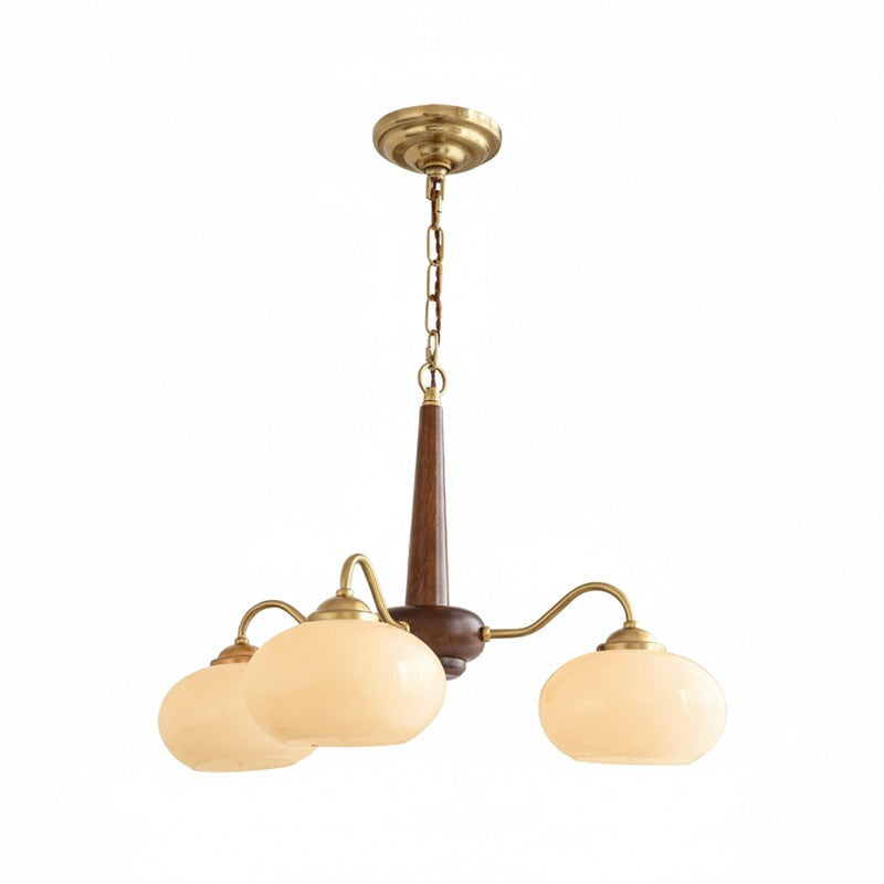 Triad Orb Chandelier in opal for Dining Room by AUVIELIGHT, 3 heads D 55cm x H 34cm / ∅ 21.7″ x H 13.4″ / Walnut wood / Cream glass
