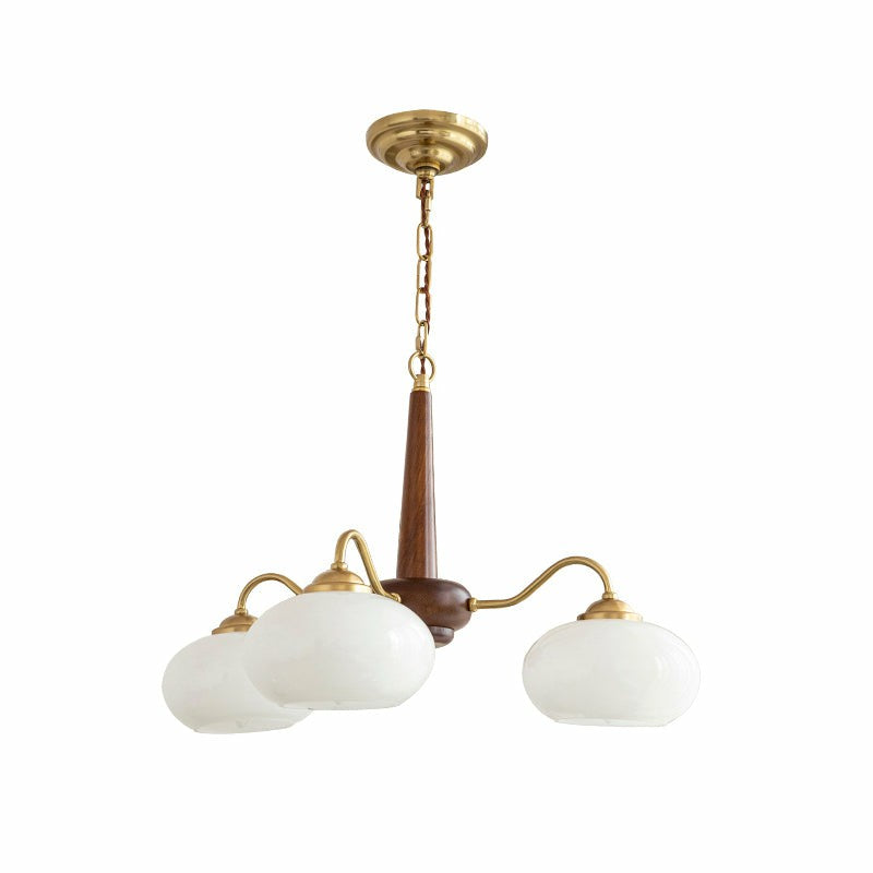 Triad Orb Chandelier in opal for Dining Room by AUVIELIGHT, 3 heads D 55cm x H 34cm / ∅ 21.7″ x H 13.4″ / Walnut wood / White glass