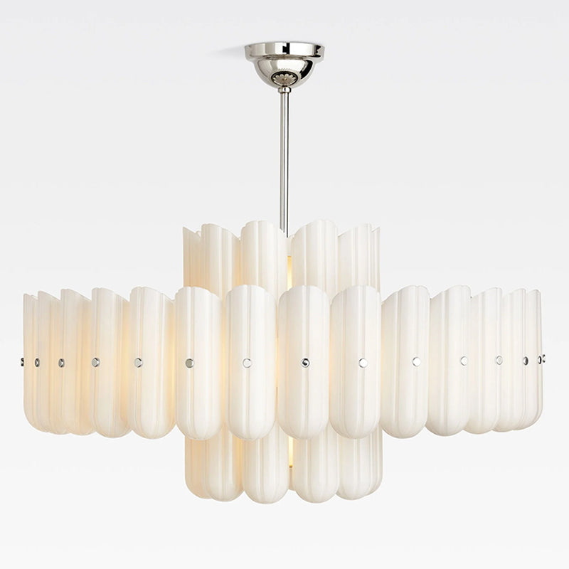 Origami Chandelier in glass for Dining Room by AUVIELIGHT, Dia 117cm x H 91.5cm / ∅ 46″ x H 36″ / Polished Nickel & White / Warm Light