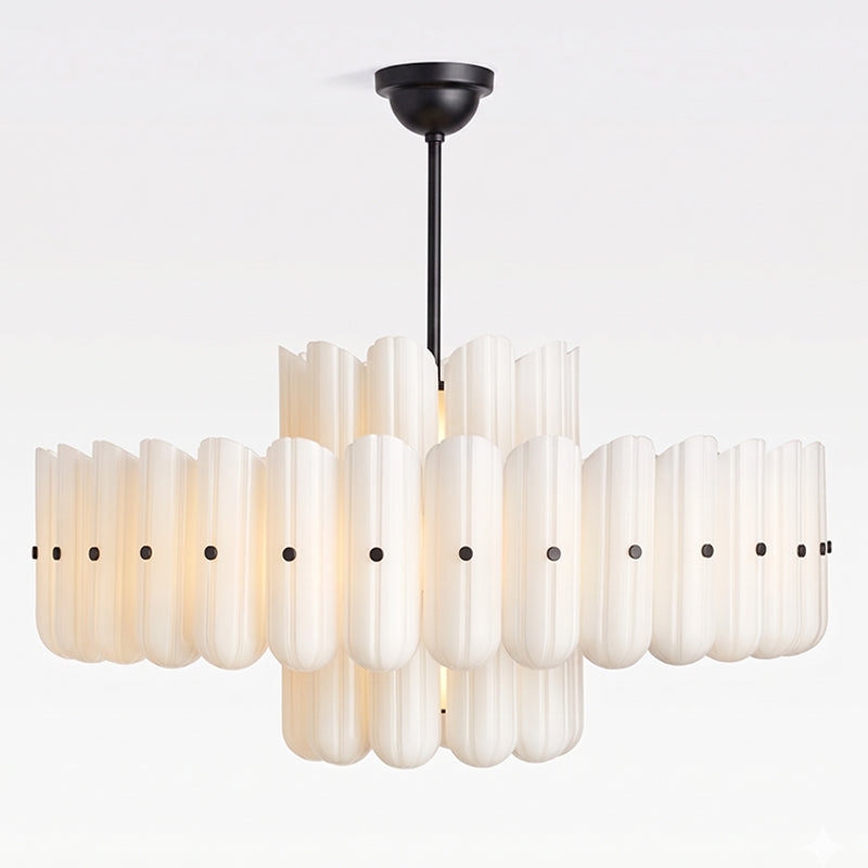 Origami Chandelier in glass for Dining Room by AUVIELIGHT, Dia 117cm x H 91.5cm / ∅ 46″ x H 36″ / Black & White / Warm Light