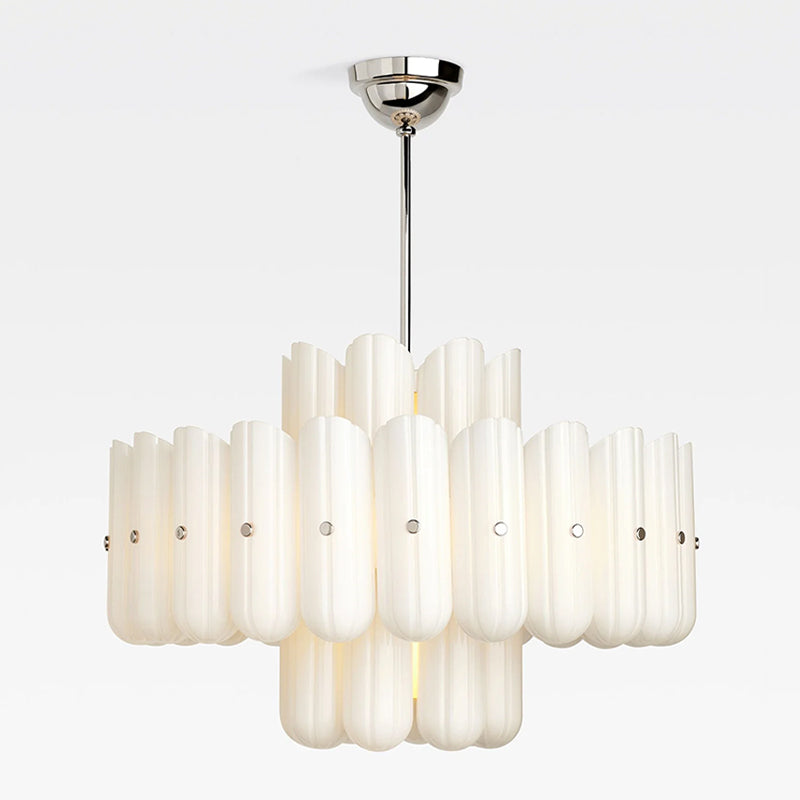 Origami Chandelier in glass for Dining Room by AUVIELIGHT, Dia 89cm x H 91.5cm / ∅ 35″ x H 36″ / Polished Nickel & White / Warm Light