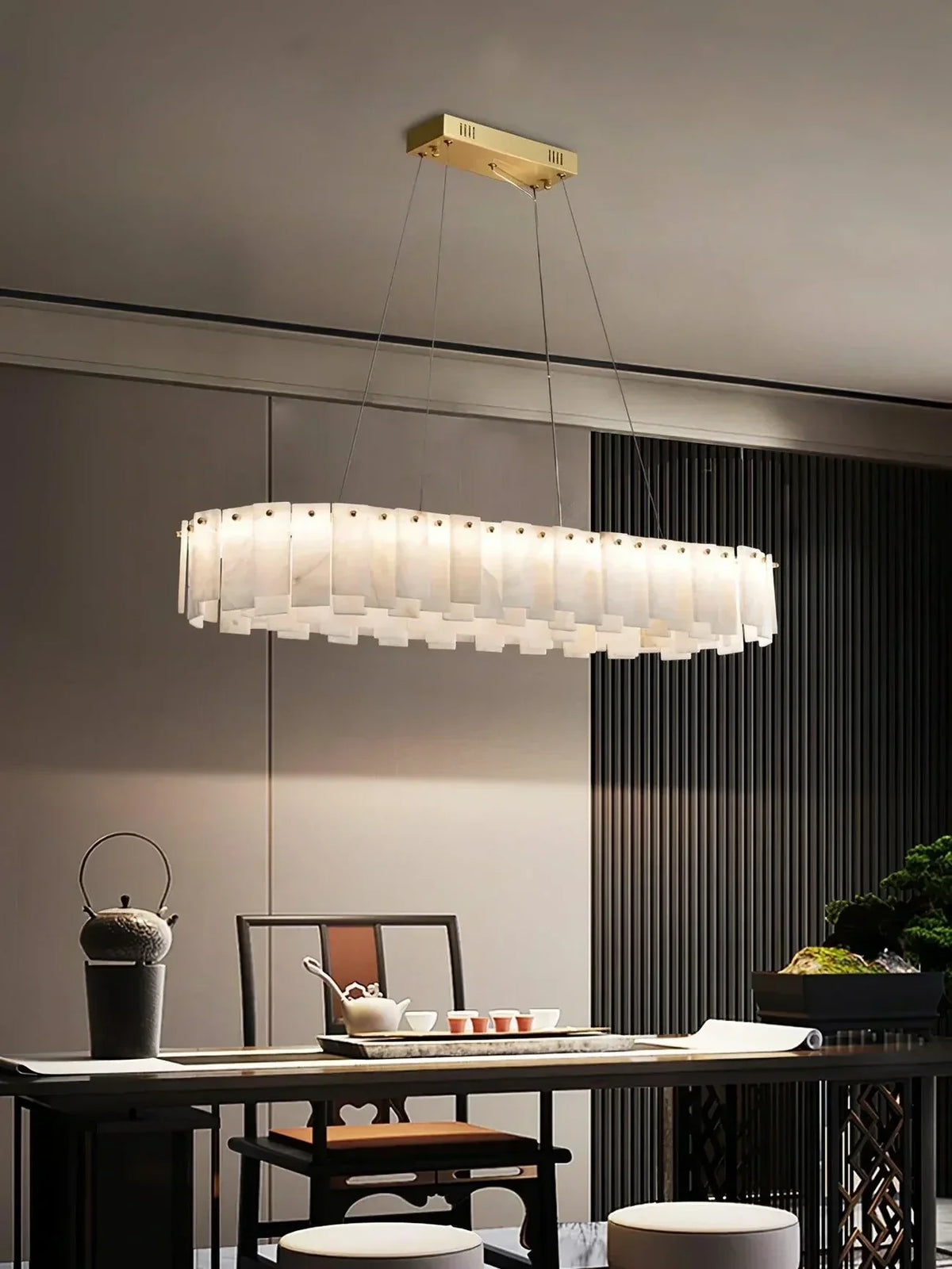 Oval Slat Chandelier in alabaster for Dining Room by AUVIELIGHT
