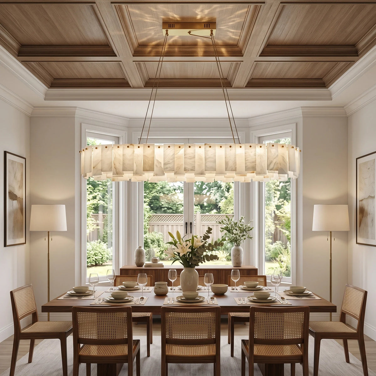 Oval Slat Chandelier in alabaster for Dining Room by AUVIELIGHT