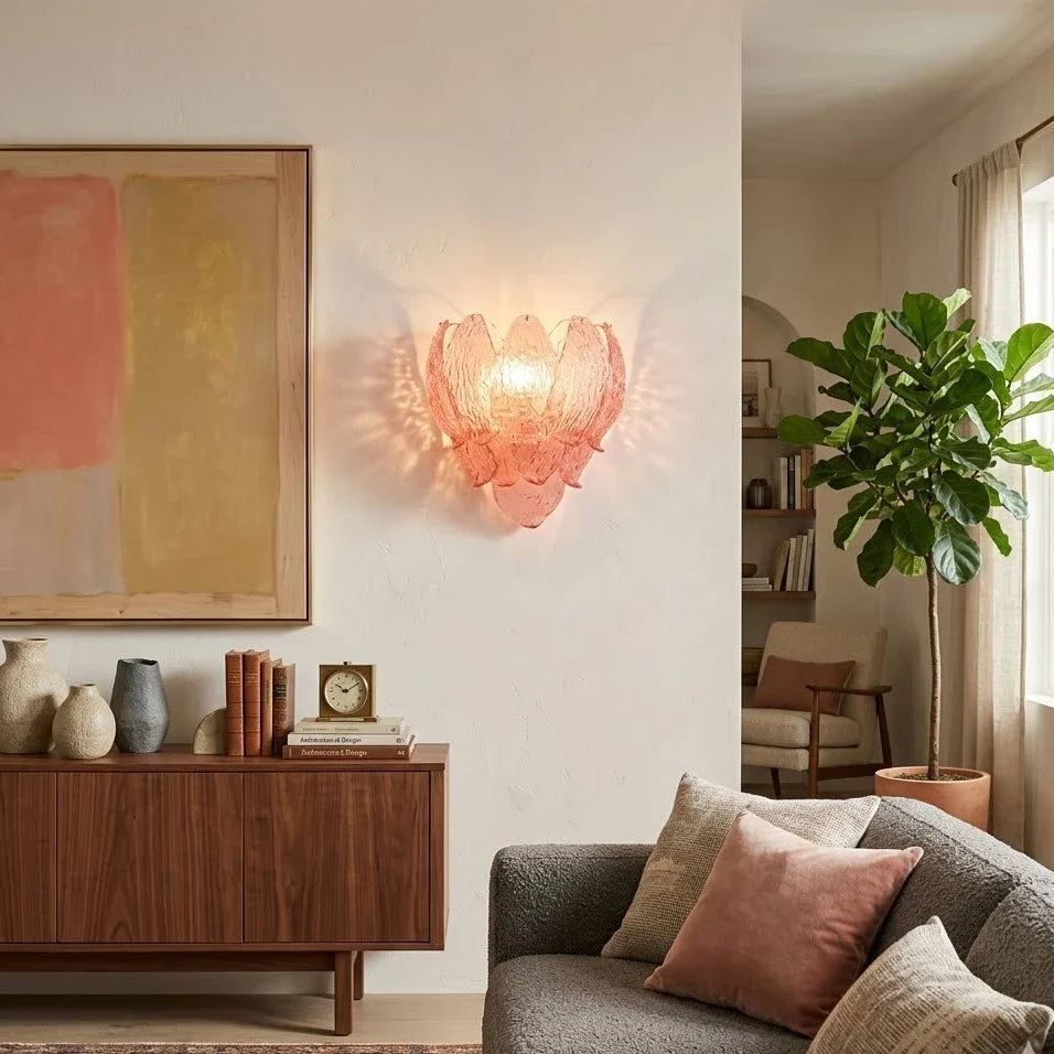 Petal Wall Sconce in pink textured glass for Hallway by AUVIELIGHT