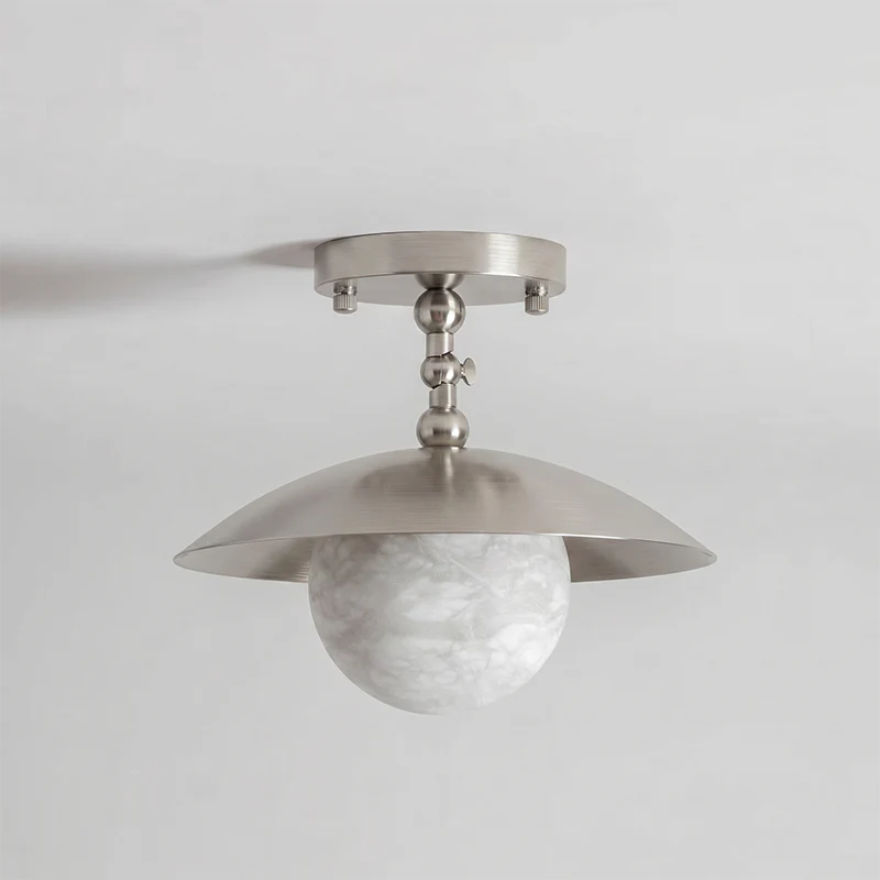 Pivot Saucer Ceiling Light in brass for Living Room by AUVIELIGHT, D 25.5cm x H 23cm / ∅ 10″ x H 9.1″ / Nickel color / Alabaster Lampshade