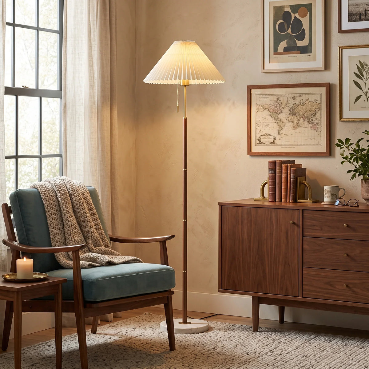 Pleated Fabric Floor Lamp in marble for Living Room by AUVIELIGHT