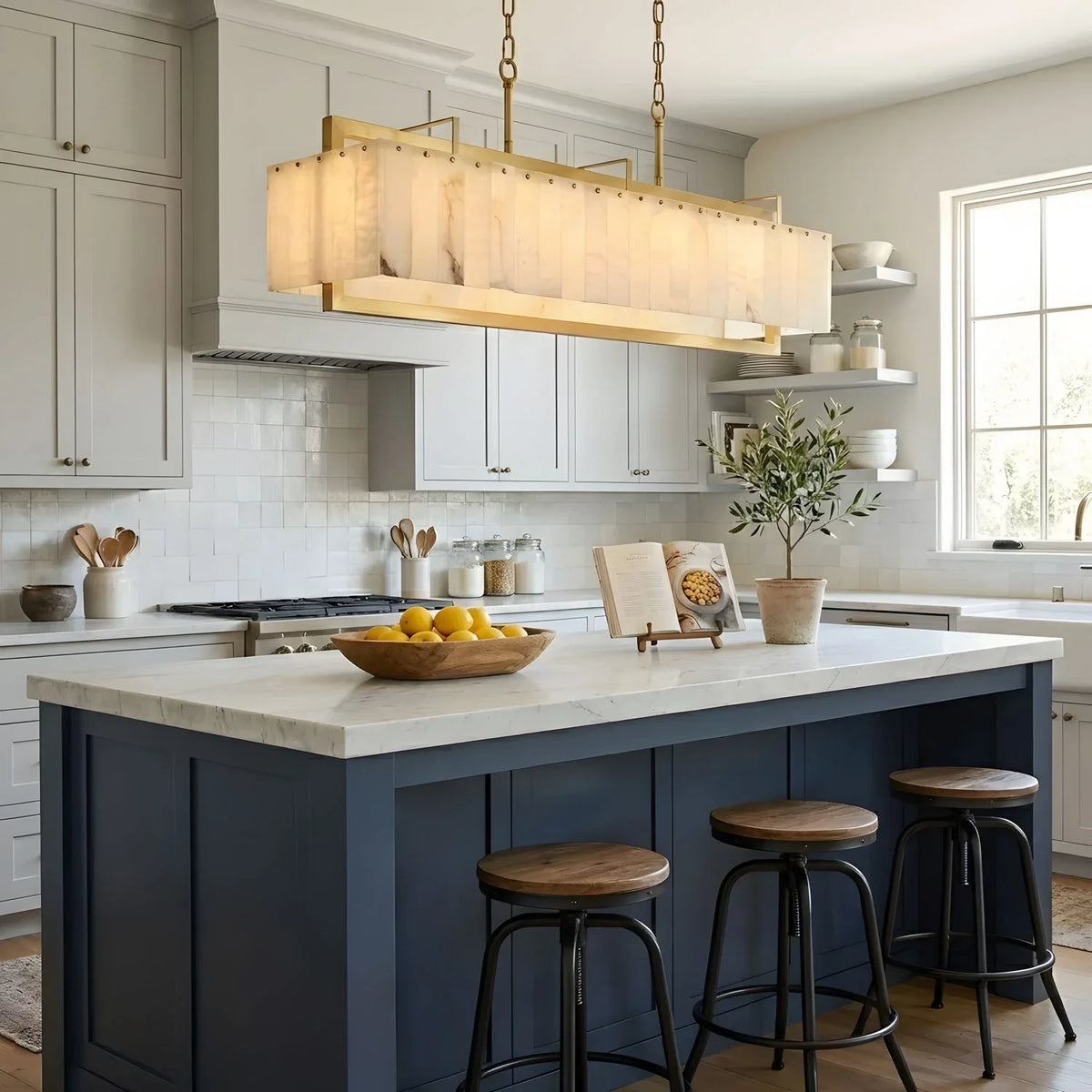 Rectangular Chandelier in alabaster for Dining Room by AUVIELIGHT