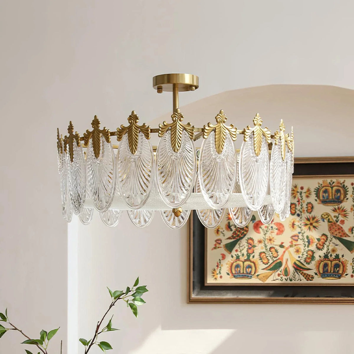 Regency Leaf Chandelier in glass for Dining Room by AUVIELIGHT, 8 heads  ∅ 23.6" x H 9.1" / Dia 60cm x H 23cm / Copper+Clear