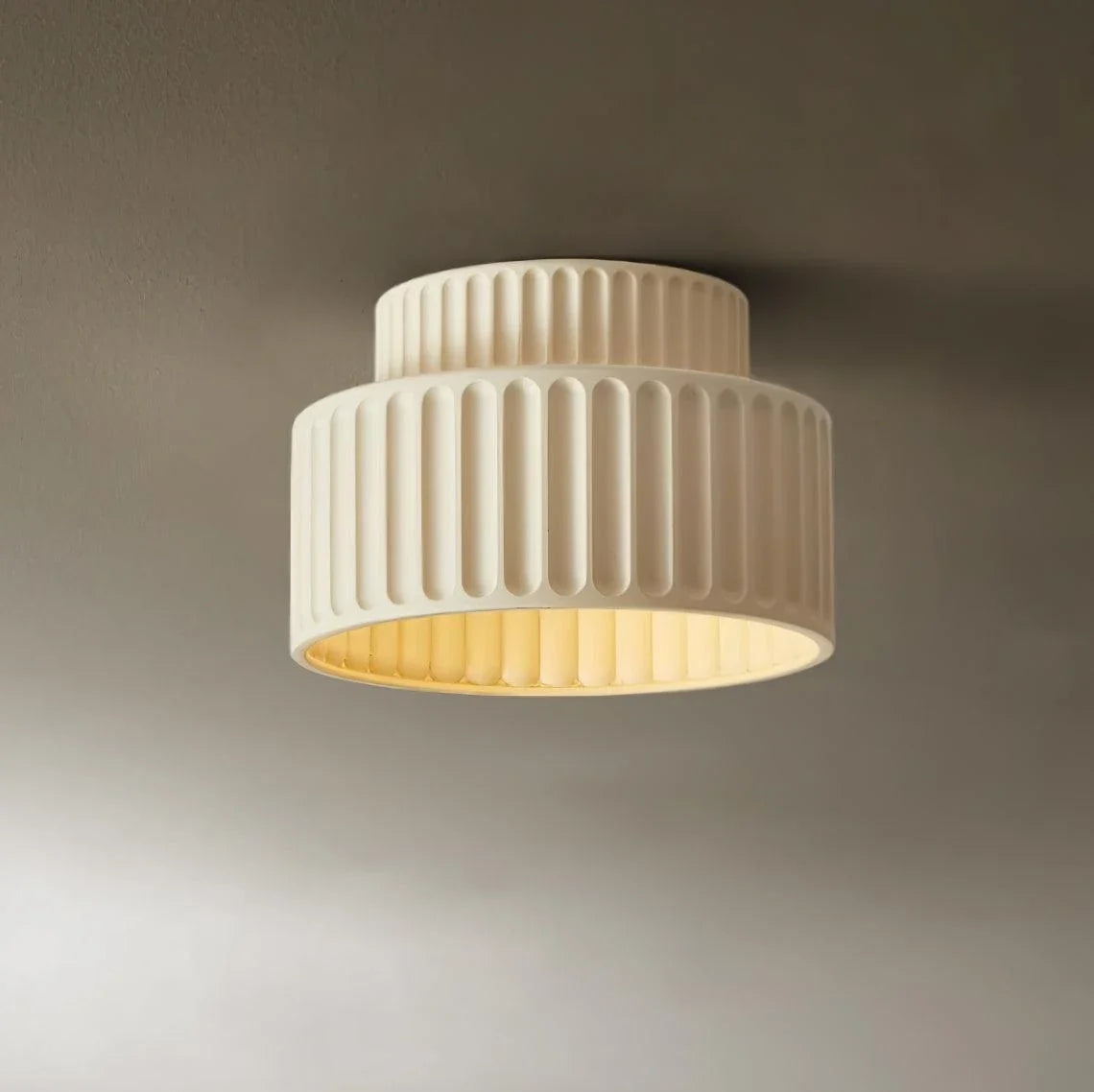 Resin Fluted Flush Mount for Low Ceilings by AUVIELIGHT, ∅ 9.0" x H 6.3" /Dia 23cm x H 16cm / Beige