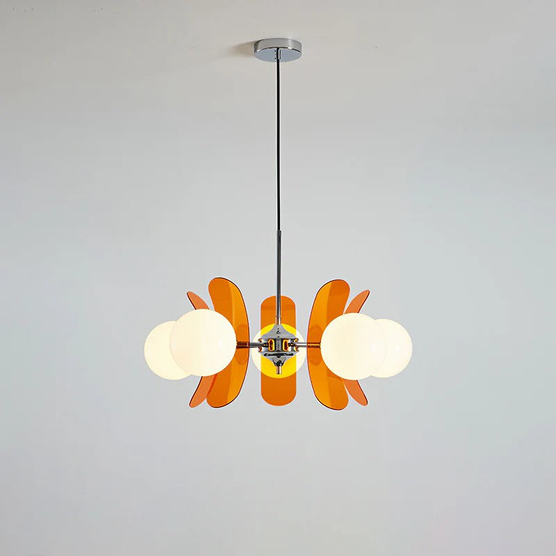 Retro Orbital Chandelier for Dining Room by AUVIELIGHT, 5 heads D 60cm x H 30cm / ∅ 23.6″ x H 11.8″ / Orange