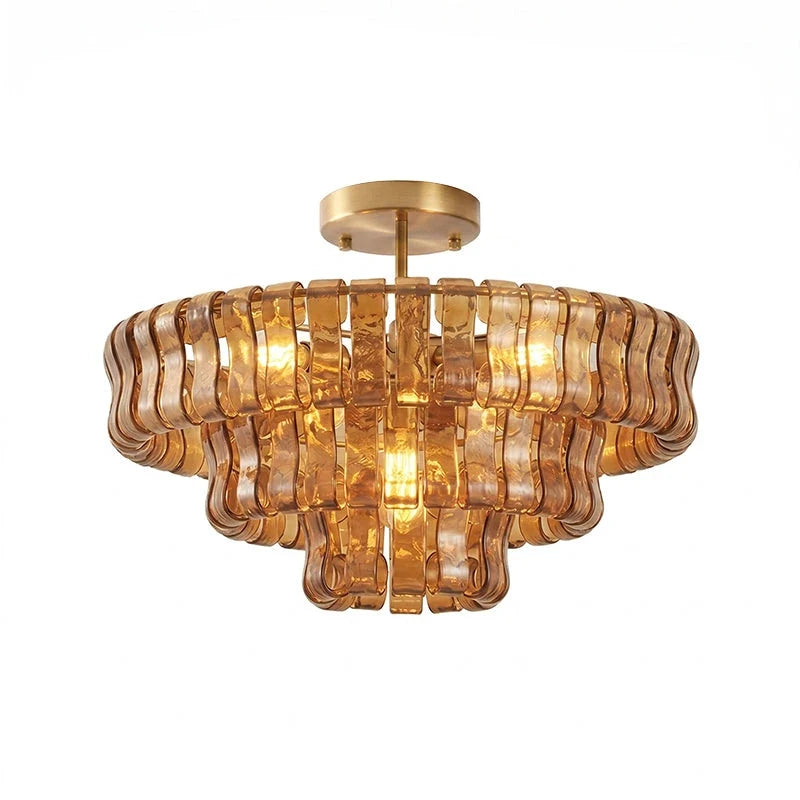 Ribbon Ceiling Light in glass for Living Room by AUVIELIGHT, ∅ 23.6″ x H 10.2″ / Dia 60cm x H 26cm / Amber & Gold