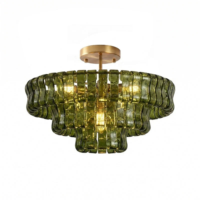 Ribbon Ceiling Light in glass for Living Room by AUVIELIGHT, ∅ 23.6″ x H 10.2″ / Dia 60cm x H 26cm / Green & Gold