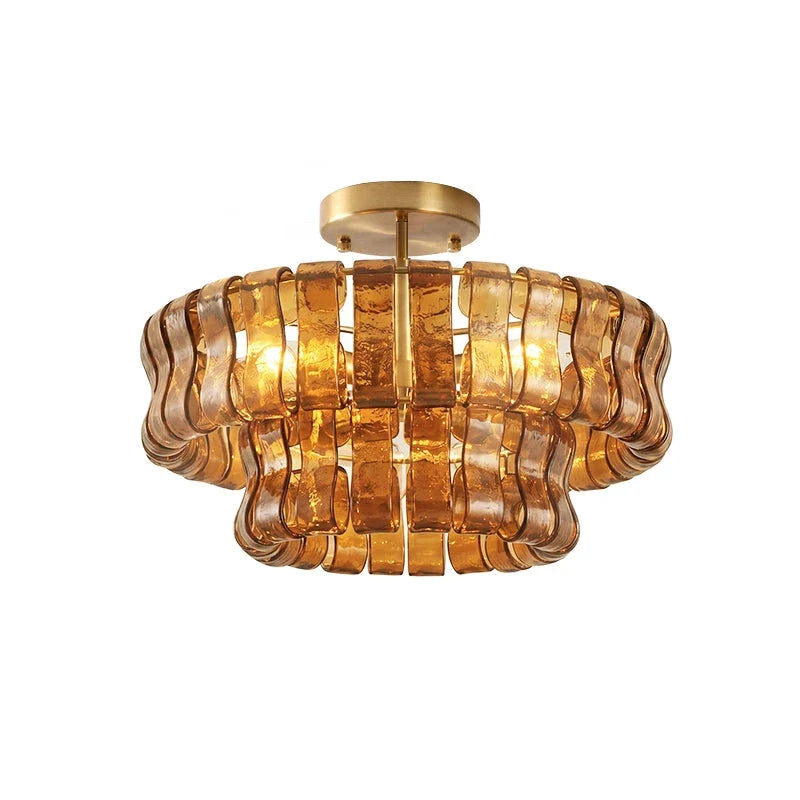 Ribbon Ceiling Light in glass for Living Room by AUVIELIGHT, ∅ 19.6″ x H 7.8″ / Dia 50 cm × H 20cm / Amber & Gold
