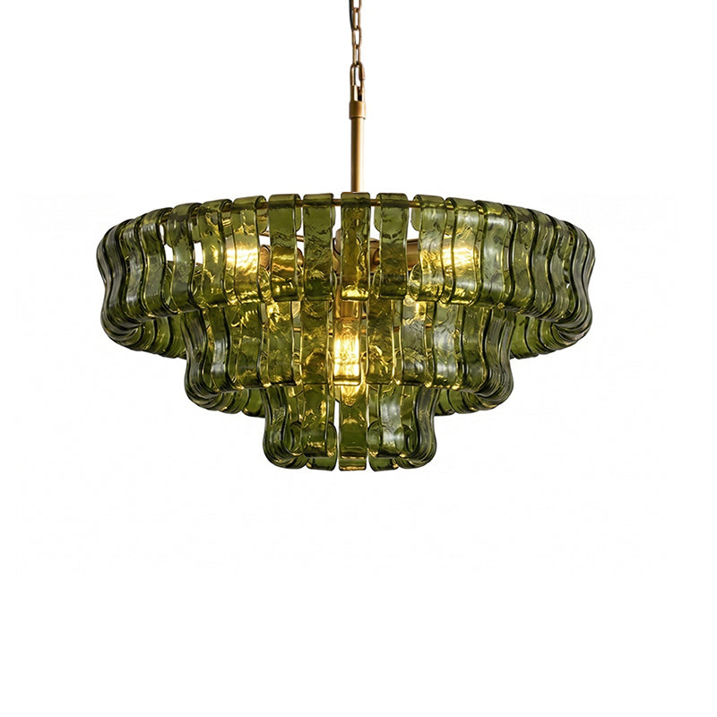 Ribbon Chandelier in glass for Dining Room by AUVIELIGHT, ∅ 23.6″ x H 10.2″ / Dia 60cm x H 26cm / Green & Gold