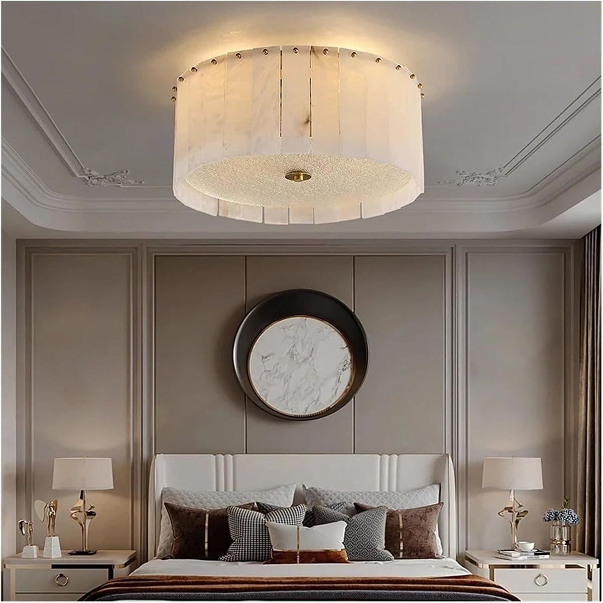 Pleated Round Flush Mount in alabaster for Low Ceilings by AUVIELIGHT