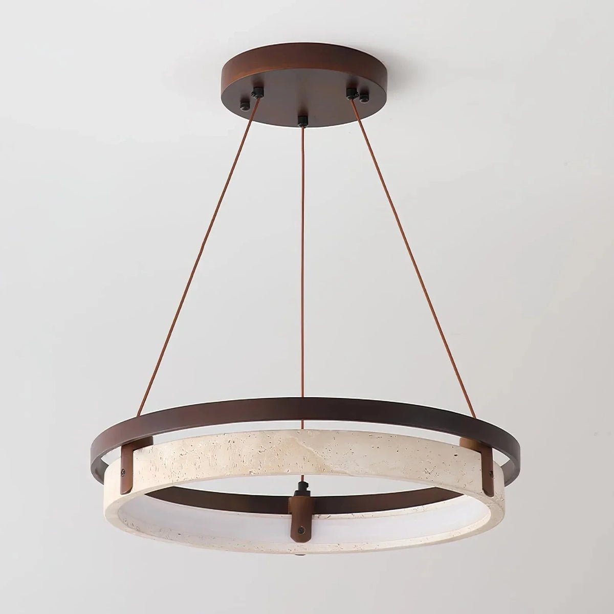 Orbit Round Chandelier in travertine for Dining Room by AUVIELIGHT, Dia 63cm x H 5cm / ∅ 24.8″ x H 1.9″ / Walnut Color & Yellow Travertine /