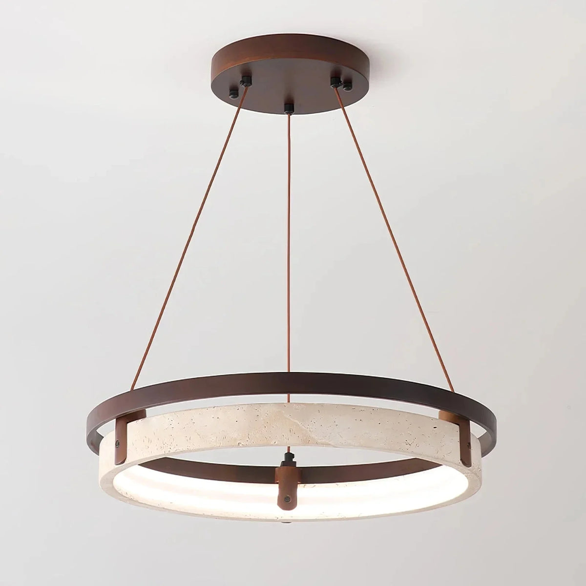 Orbit Round Chandelier in travertine for Dining Room by AUVIELIGHT, Dia 43cm x H 5cm / ∅ 16.9″ x H 1.9″ / Walnut Color & Yellow Travertine /