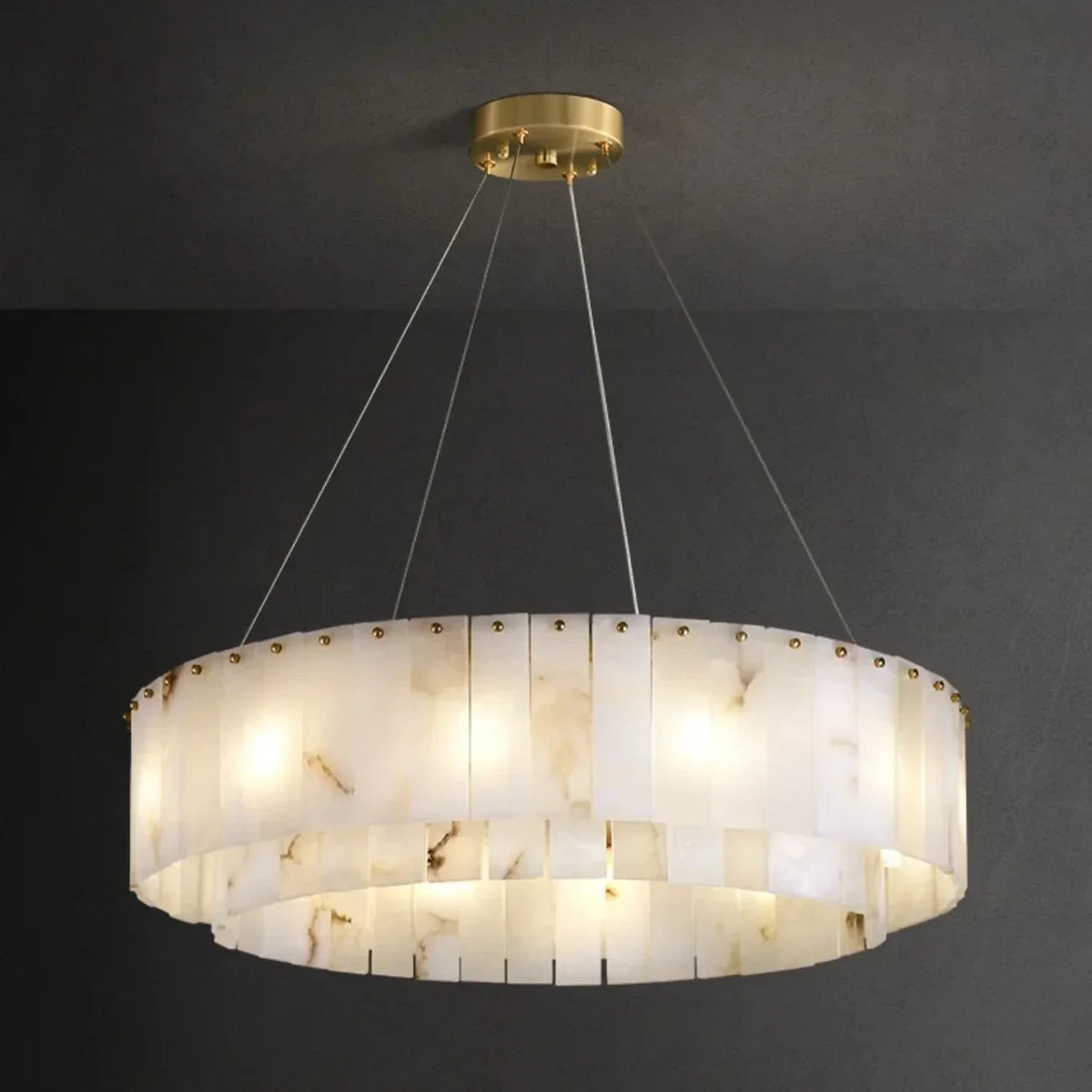 Round Layered Chandelier in alabaster for Dining Room by AUVIELIGHT, Dia 135cm x H 22cm / L 53.1″ x H 8.7″ / Gold + White