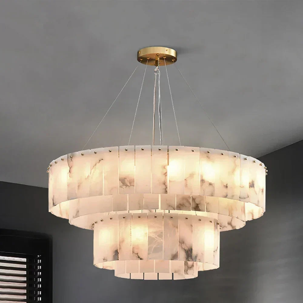 Round Layered Chandelier in alabaster for Dining Room by AUVIELIGHT, Dia 100cm + 60cm x H 22cm / L 39.4″ + L 23.6″ x H 8.7″ / Gold + White