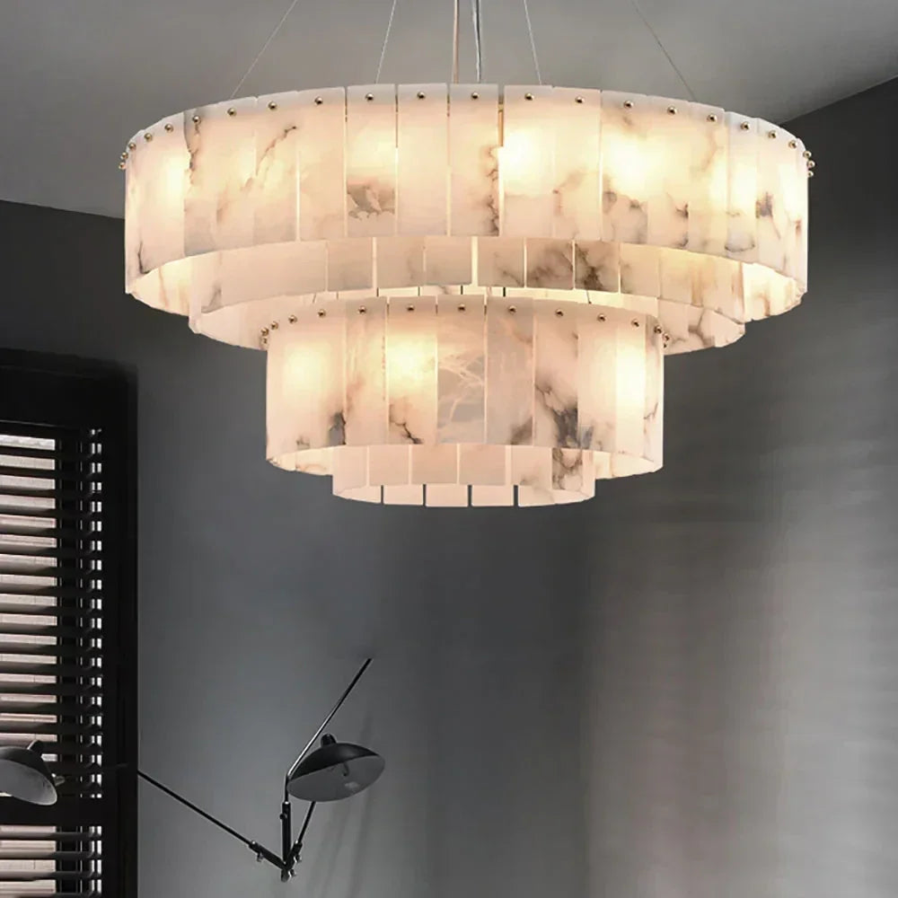 Round Layered Chandelier in alabaster for Dining Room by AUVIELIGHT, Dia 80cm + 45cm x H 22cm / L 31.5″ + L 17.7″ x H 8.7″ / Gold + White