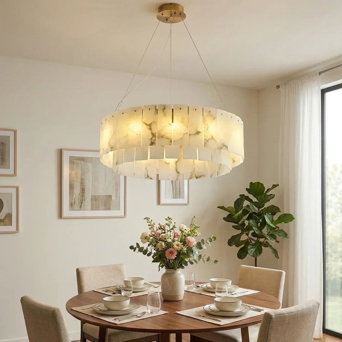 Round Layered Chandelier in alabaster for Dining Room by AUVIELIGHT, Dia 80cm x H 22cm / L 31.5″ x H 8.7″ / Gold + White