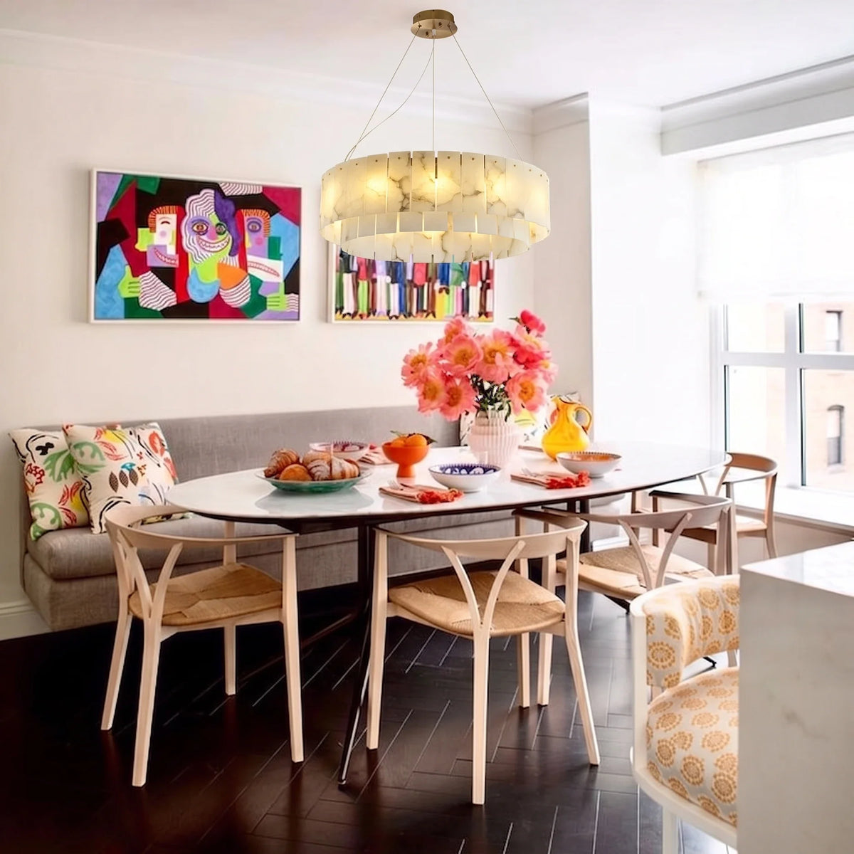 Round Layered Chandelier in alabaster for Dining Room by AUVIELIGHT