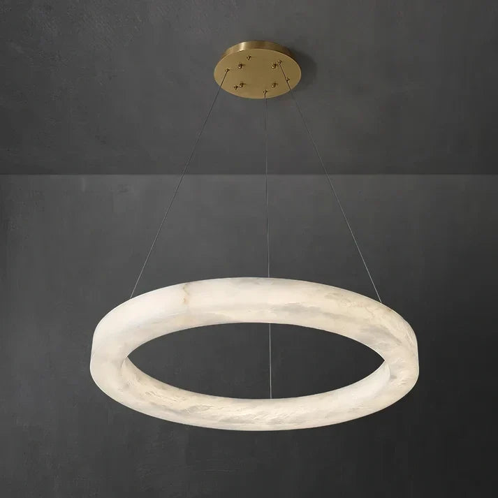 Modern Halo Ring Chandelier in alabaster for Dining Room by AUVIELIGHT, D 60cm x H 8cm / ∅ 23.6″ x H 3.2″ / White + Golden canopy / Warm Light
