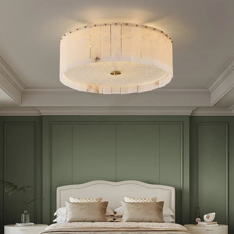 Pleated Round Flush Mount in alabaster for Low Ceilings by AUVIELIGHT
