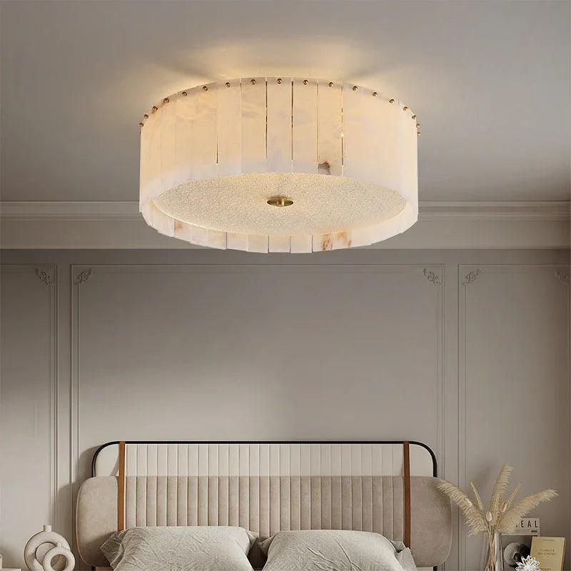 Pleated Round Flush Mount in alabaster for Low Ceilings by AUVIELIGHT