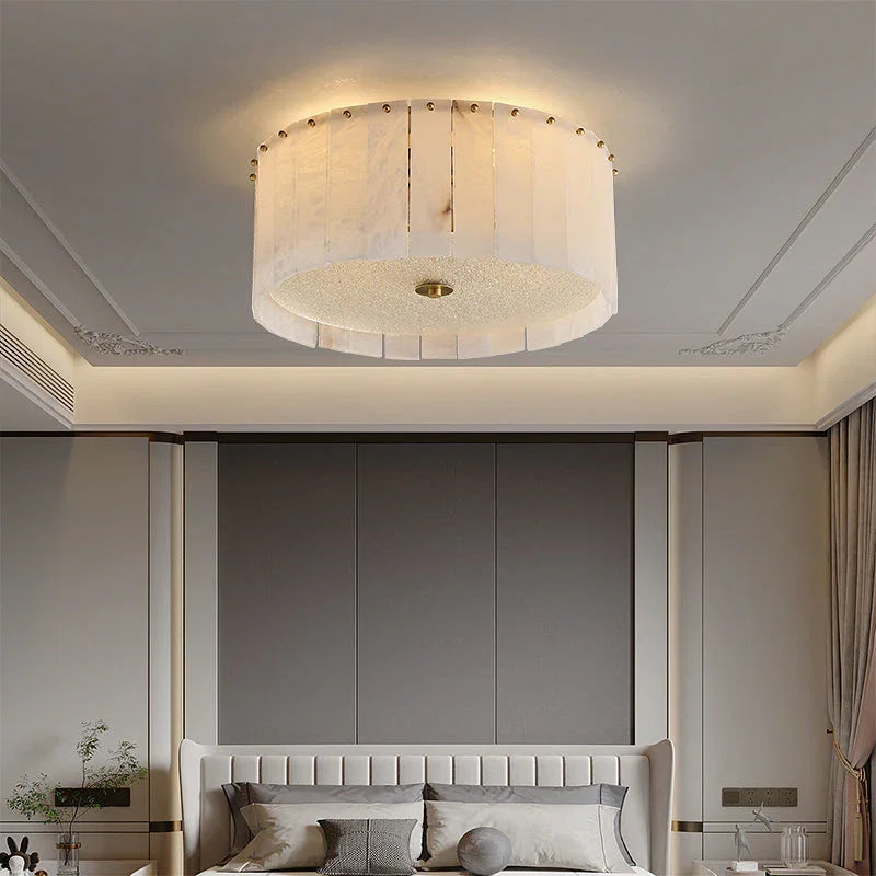 Pleated Round Flush Mount in alabaster for Low Ceilings by AUVIELIGHT