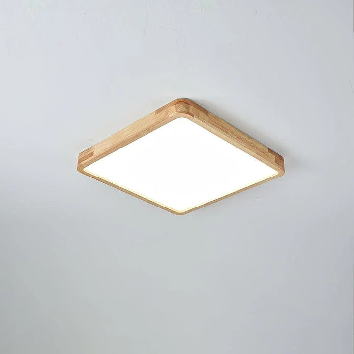 Rubberwood Round Flush Mount in wood for Low Ceilings by AUVIELIGHT, Square: L11.8" x W 11.8" xH 2.3" / Wood color / Warm White