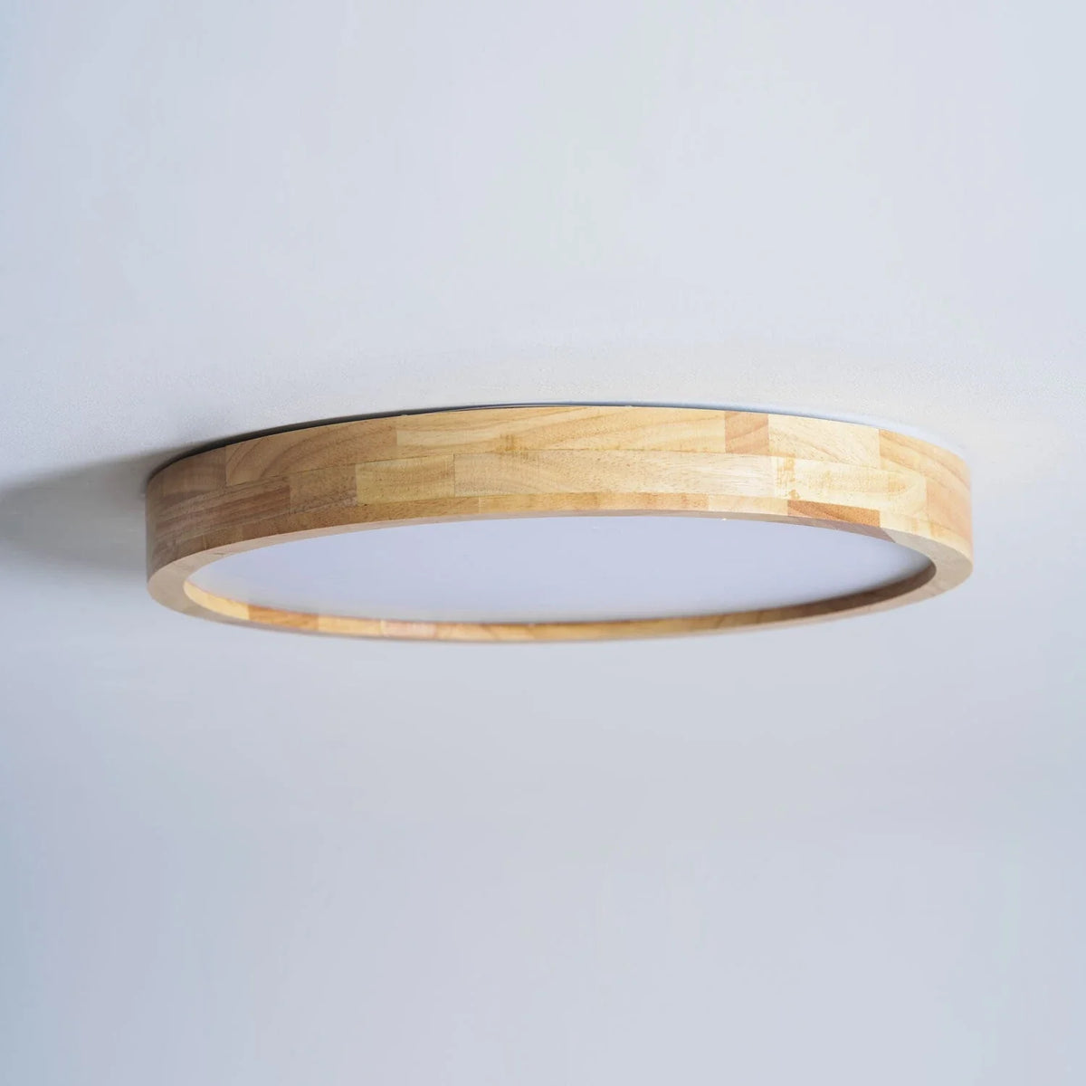 Rubberwood Round Flush Mount in wood for Low Ceilings by AUVIELIGHT, Circle: ∅ 23.6" x H 2.3" / Wood color / Warm White