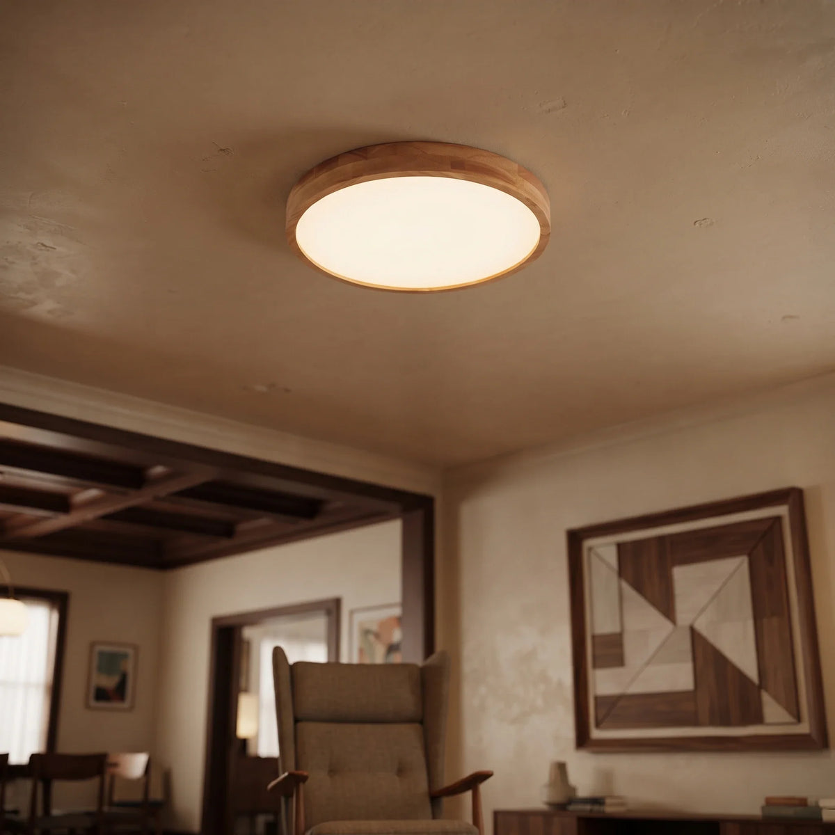 Rubberwood Round Flush Mount in wood for Low Ceilings by AUVIELIGHT