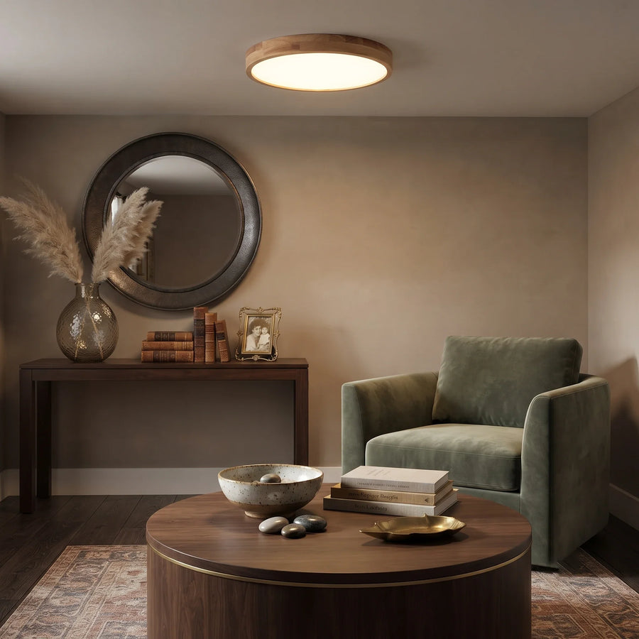 Rubberwood Round Flush Mount in wood for Low Ceilings by AUVIELIGHT