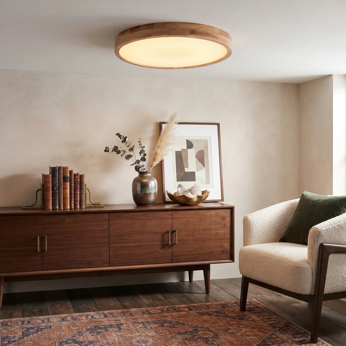 Rubberwood Round Flush Mount in wood for Low Ceilings by AUVIELIGHT