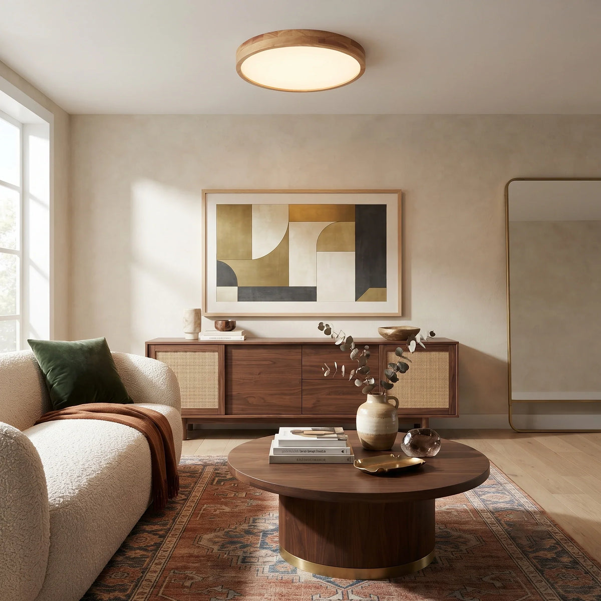 Rubberwood Round Flush Mount in wood for Low Ceilings by AUVIELIGHT