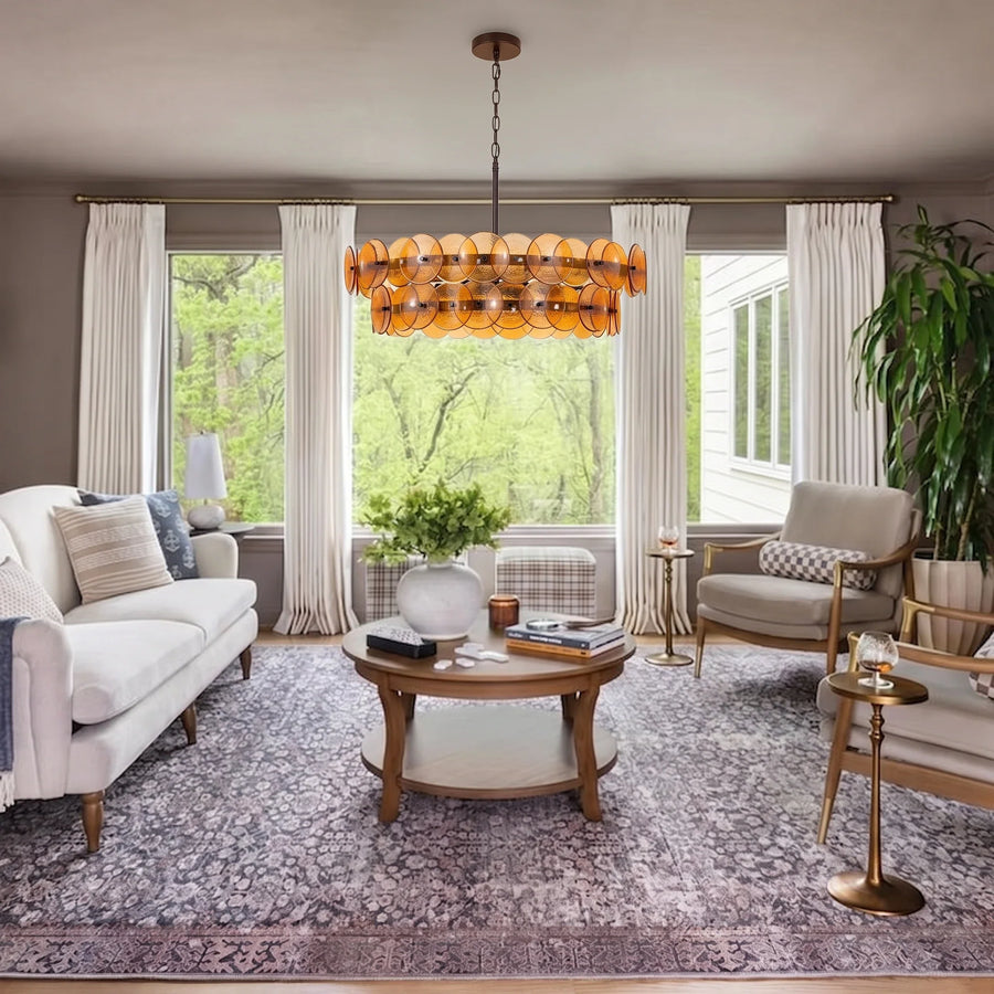 2-Tier Disc Chandelier in amber glass for Dining Room by AUVIELIGHT