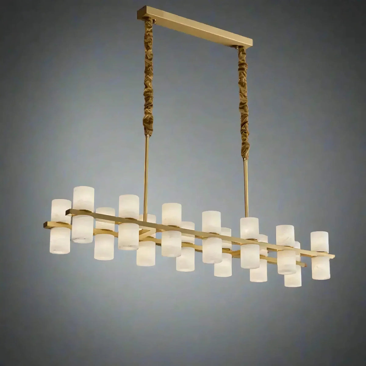Cylinder Linear Chandelier in alabaster for Dining Room by AUVIELIGHT, L 100cm x W 34cm x H 16cm / ∅ 39.6″ x W 13.39″ x H 6.3″ / White + Gold