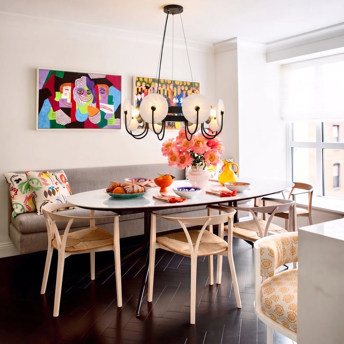 Exposed Bulbs Disc Chandelier in alabaster for Dining Room by AUVIELIGHT