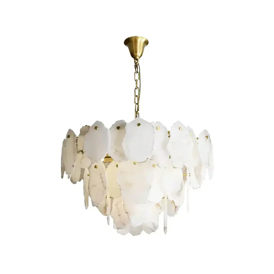 Sculptural Tiered Chandelier in alabaster for Dining Room by AUVIELIGHT, Dia 80cm x H 50cm / ∅ 31.5″ x H 19.7″ / Brass & White
