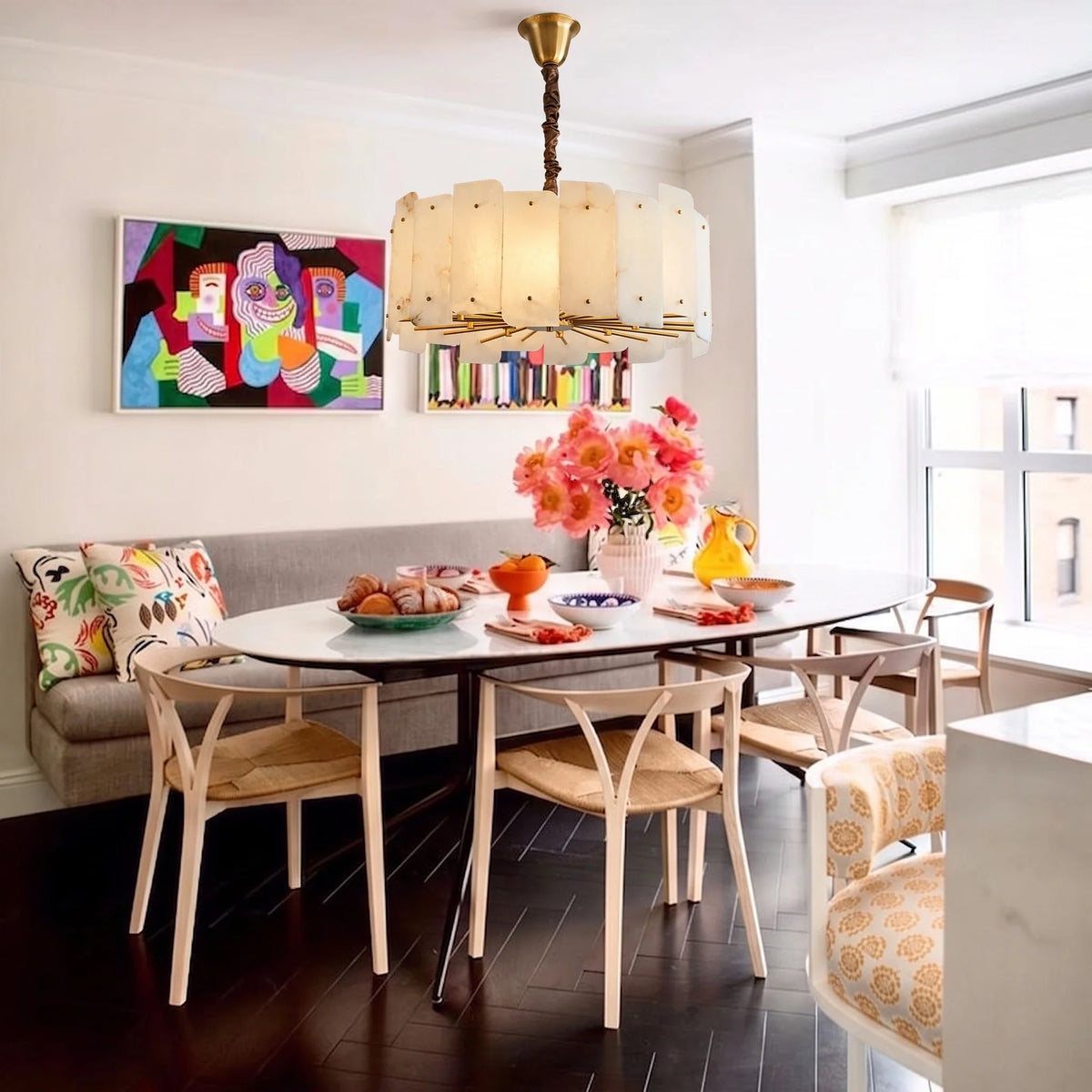 Sculptural Slat Chandelier in alabaster for Dining Room by AUVIELIGHT