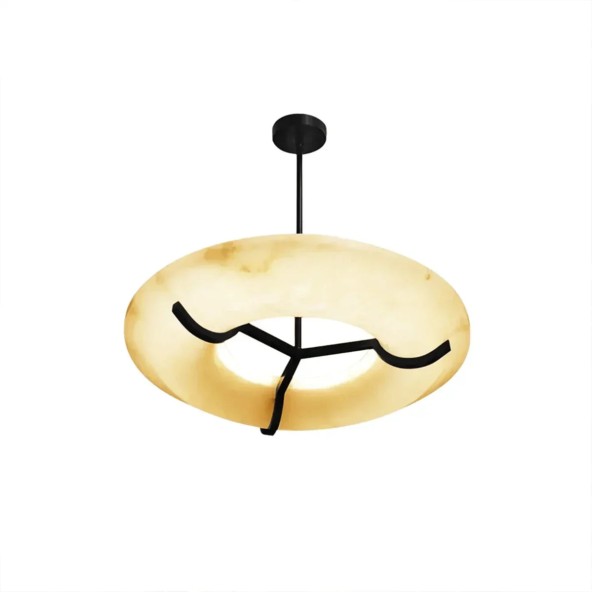 Sculptural Ring Chandelier in alabaster for Dining Room by AUVIELIGHT, Dia 60cm x H 53cm / ∅ 23.6″ x H 20.9″ / White + Black / Warm Light