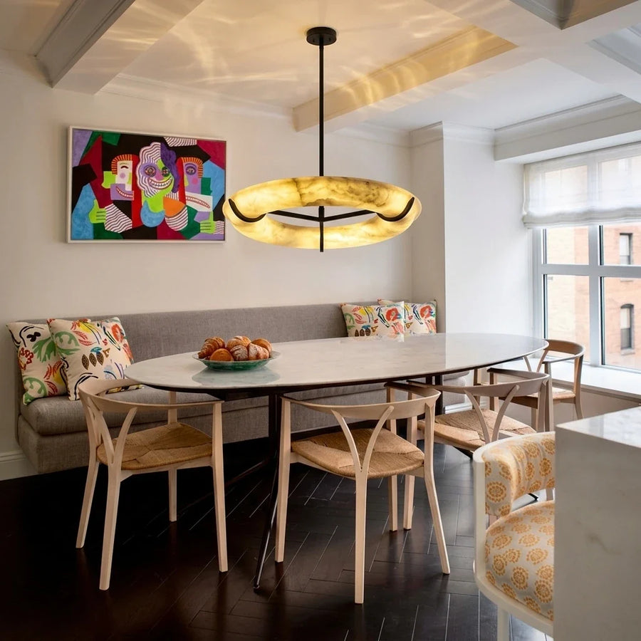 Sculptural Ring Chandelier in alabaster for Dining Room by AUVIELIGHT