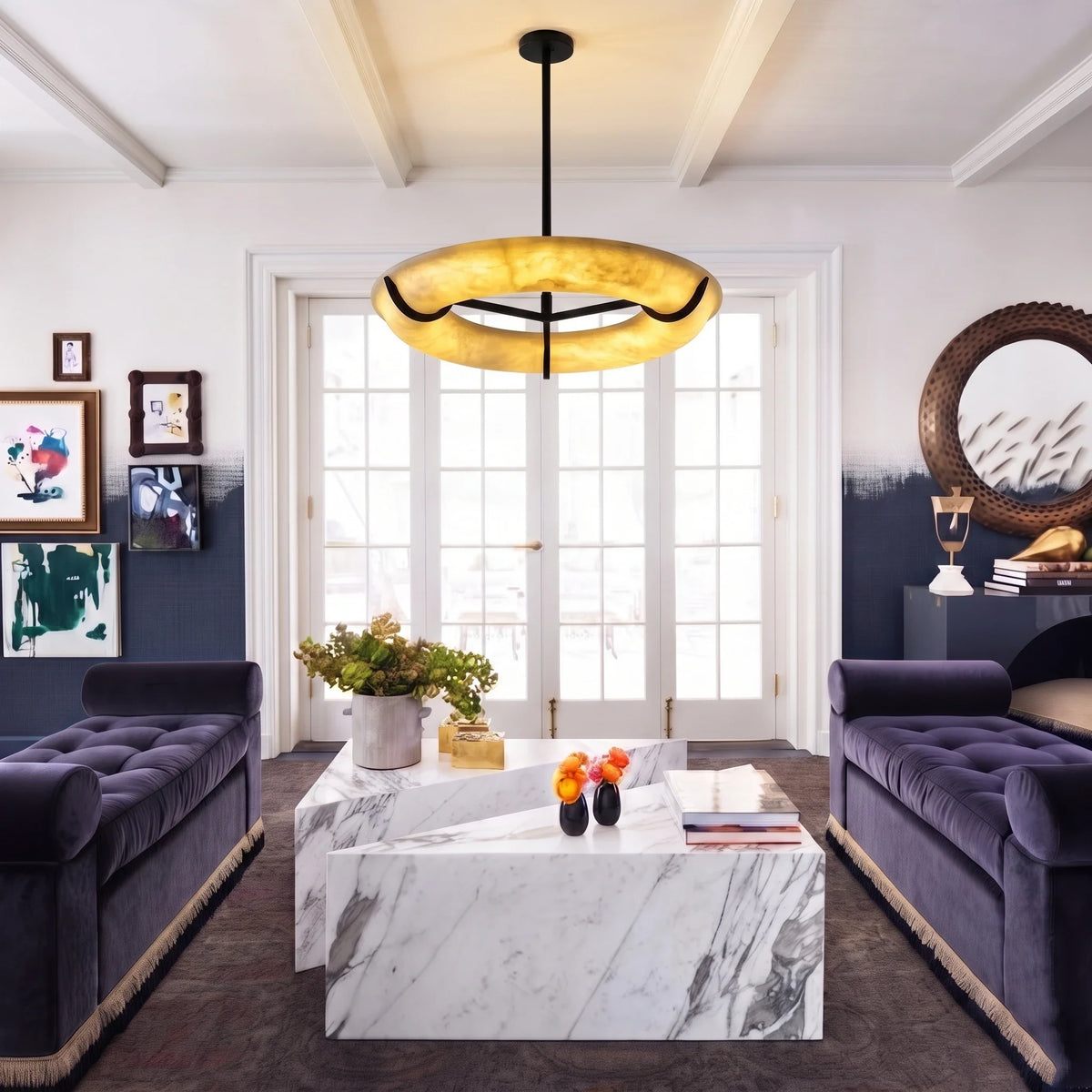 Sculptural Ring Chandelier in alabaster for Dining Room by AUVIELIGHT